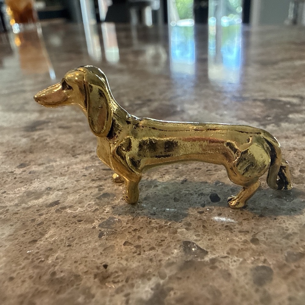 Brass Dachshund Wiener Dog Statue Miniature Figurine Desk Decor Trinket 2"
